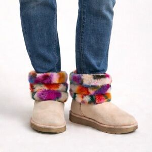 UGG Fluff Mini Quilted Motlee Boots Shoe Suede Sheepskin Pink Size EU 38 US 7